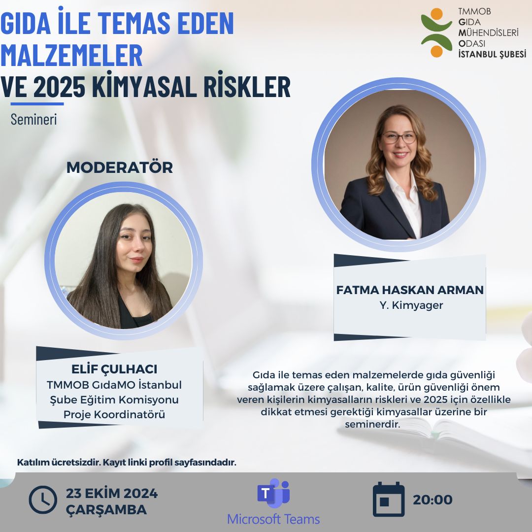 📢 ONLİNE / GIDA İLE TEMAS EDEN MALZEMELER VE 2025 KİMYASAL RİSKLER SEMİNER DUYURUSU