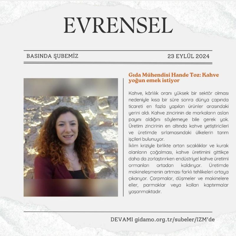 EVRENSEL: "GIDA MÜHENDİSİ HANDE TOZ: KAHVE YOĞUN EMEK İSTİYOR"