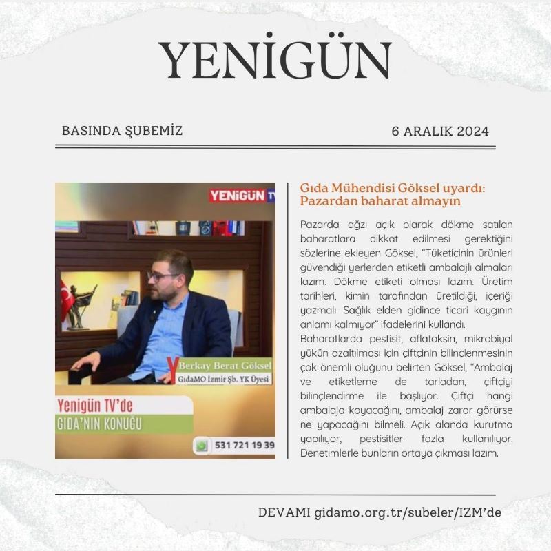 GAZETE YENİGÜN: "GIDA MÜHENDİSİ GÖKSEL UYARDI: PAZARDAN BAHARAT ALMAYIN"