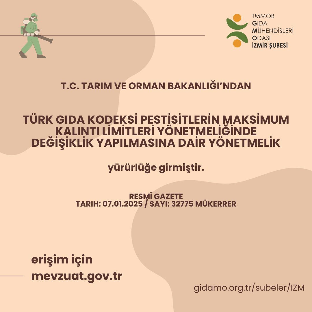 "TÜRK GIDA KODEKSİ PESTİSİTLERİN MAKSİMUM KALINTI LİMİTLERİ  YÖNETMELİĞİNDE DEĞİŞİKLİK YAPILMASINA  DAİR YÖNETMELİK" YÜRÜRLÜĞE GİRMİŞTİR