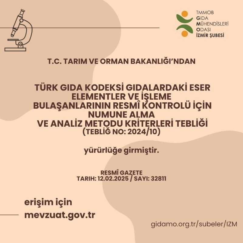 TÜRK GIDA KODEKSİ GIDALARDAKİ ESER ELEMENTLER VE İŞLEME  BULAŞANLARININ RESMÎ KONTROLÜ İÇİN NUMUNE ALMA  VE ANALİZ METODU KRİTERLERİ TEBLİĞİ YÜRÜRLÜĞE GİRMİŞTİR